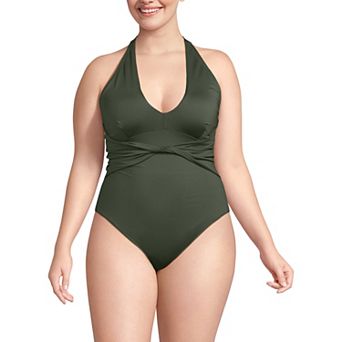 Plus Size Lands' End Sculpting Suit Plunge Halter High Leg One-Piece Swimsuit