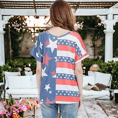 Women's V Neck Flag Print Tie Front Top Shirt
