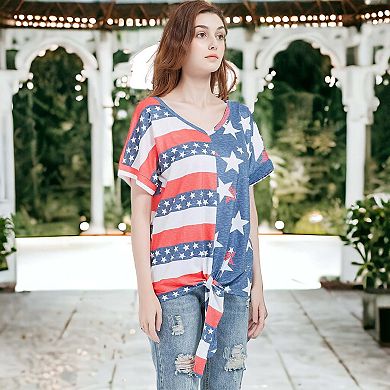 Women's V Neck Flag Print Tie Front Top Shirt