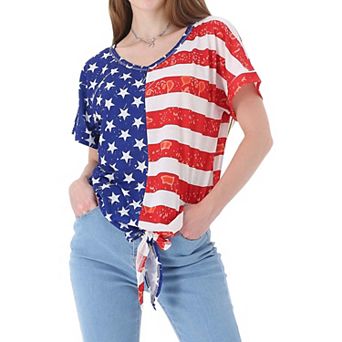 Women's V Neck Flag Print Tie Front Top Shirt