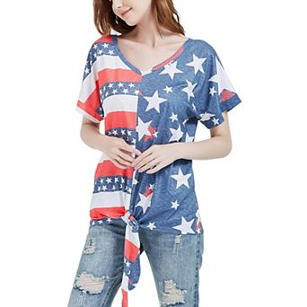 Women's V Neck Flag Print Tie Front Top Shirt