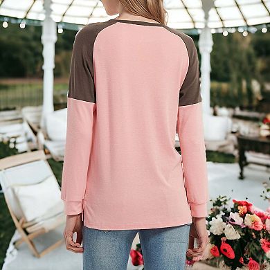 Women's Casual Color Block Blouses Side Slit Pullover Tops