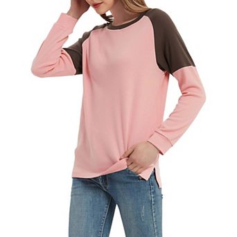 Women's Casual Color Block Blouses Side Slit Pullover Tops