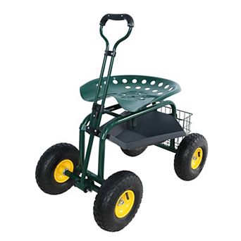 LOVMOR Garden Trolley Rolling Chair 360 Swivel Seat Steering Handle Utility Tray Green