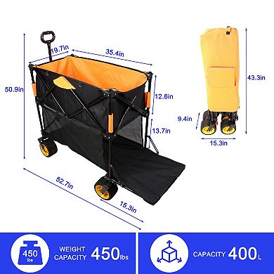 LOVMOR Big Capacity Folding Cart Extended Wagon Garden Shopping Beach Cart Black Orange