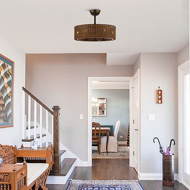 24" Rustic Rattan 6-Speed Caged Ceiling Fan Chandelier with Remote