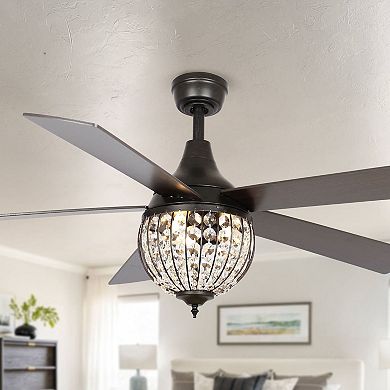 52" Industrial Black Wood 5-blade Crystal Ceiling Fan with Remote