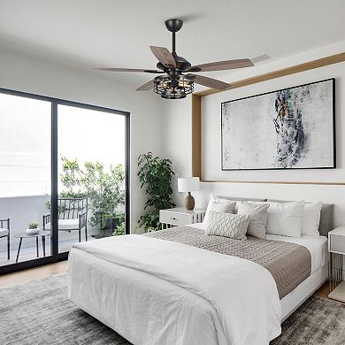 52" Industrial Wood 5-Blade 3-Light Metal Ceiling Fan with Remote