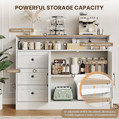 47" Buffet Cabinet Sideboard, Farmhouse Coffee Bar with Open Shelf, 2 Doors and 3 Drawers