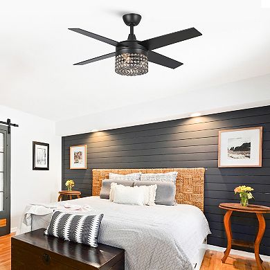 48" Black Wood 4-Blade Crystal Fandelier Ceiling Fan with Remote and Light