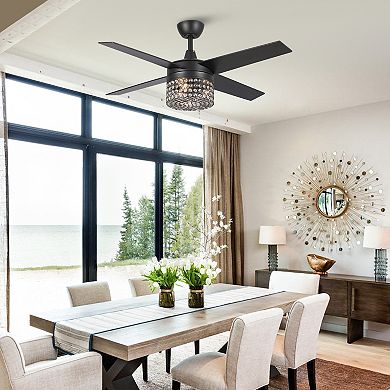 48" Black Wood 4-Blade Crystal Fandelier Ceiling Fan with Remote and Light