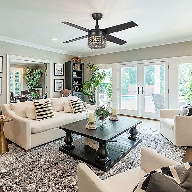 48" Black Wood 4-Blade Crystal Fandelier Ceiling Fan with Remote and Light