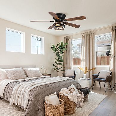 48" Antique Wooden 5-Blade Black Flush Mount Ceiling Fan with Light