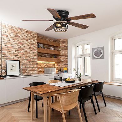 48" Antique Wooden 5-Blade Black Flush Mount Ceiling Fan with Light