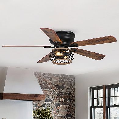 48" Antique Wooden 5-Blade Black Flush Mount Ceiling Fan with Light