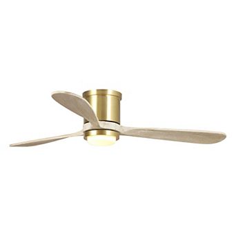 52" Modern Solid Wood 3-Blade Gold Flush Mount Ceiling Fan with Light and Remote