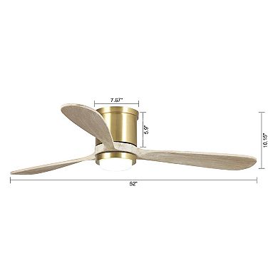 52" Modern Solid Wood 3-Blade Gold Flush Mount Ceiling Fan with Light and Remote