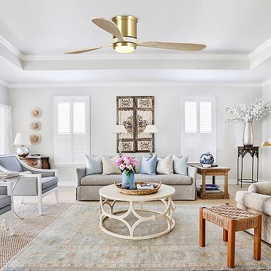 52" Modern Solid Wood 3-Blade Gold Flush Mount Ceiling Fan with Light and Remote