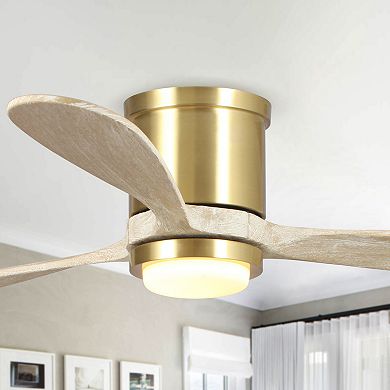 52" Modern Solid Wood 3-Blade Gold Flush Mount Ceiling Fan with Light and Remote