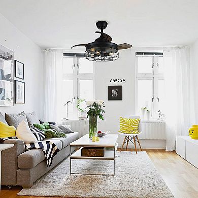 36" Black Retractable 3-Blade Chandelier Ceiling Fan with Remote