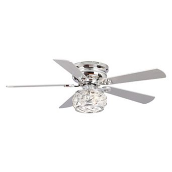48" Chrome Wooden 5-Blade Crystal Flush Mount Ceiling Fan with Remote