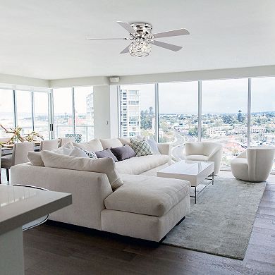 48" Chrome Wooden 5-Blade Crystal Flush Mount Ceiling Fan with Remote