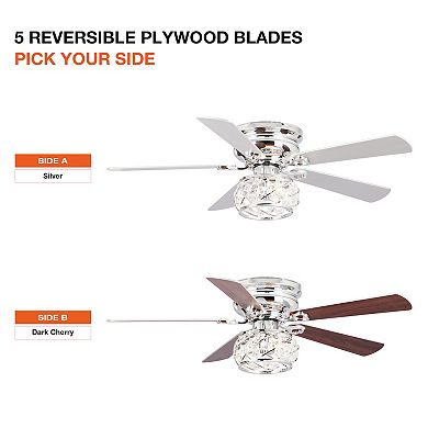 48" Chrome Wooden 5-Blade Crystal Flush Mount Ceiling Fan with Remote