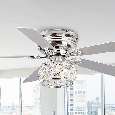 48" Chrome Wooden 5-Blade Crystal Flush Mount Ceiling Fan with Remote