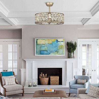 25" Rusted Silver 3-Blade Crystal Ceiling Fan Chandelier with Remote