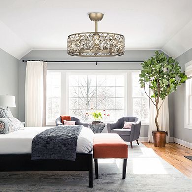 25" Rusted Silver 3-Blade Crystal Ceiling Fan Chandelier with Remote