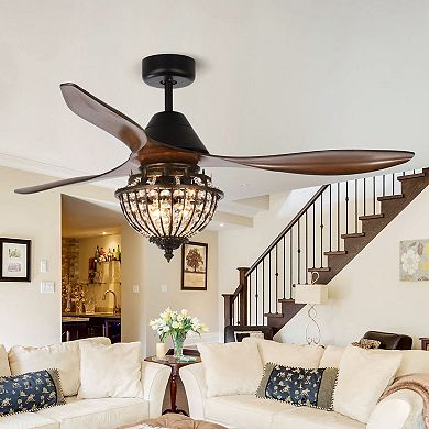52-inch Traditional 3-Blade Reversible Crystal Ceiling Fan with Remote