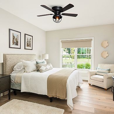 42-inch Wood 5-Blade Matte Black Flush Mount Ceiling Fan with Remote