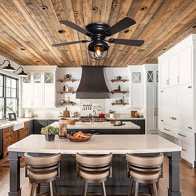 42-inch Wood 5-Blade Matte Black Flush Mount Ceiling Fan with Remote