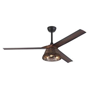60" Natural 3-Blade Rattan LED Ceiling Fan with Remote and Light Kit