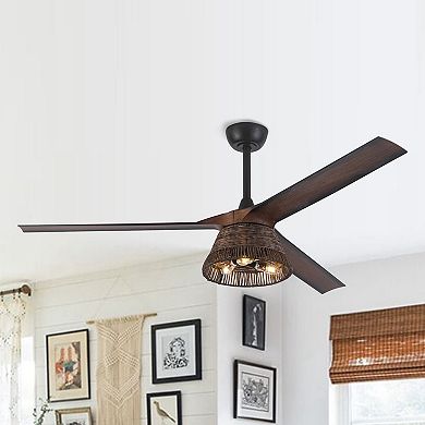 60" Natural 3-Blade Rattan LED Ceiling Fan with Remote and Light Kit