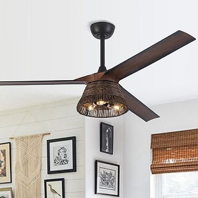 60" Natural 3-Blade Rattan LED Ceiling Fan with Remote and Light Kit