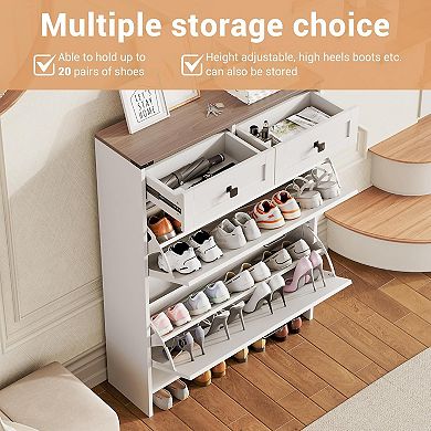 Shoe Storage Cabinet, Modern Slim Shoe Cabinet with 2 Flip Drawers and 2 Drawers
