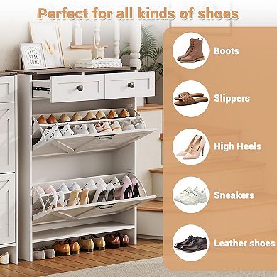 Shoe Storage Cabinet, Modern Slim Shoe Cabinet with 2 Flip Drawers and 2 Drawers