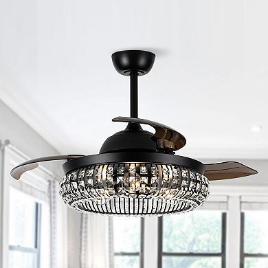 42" Modern Black 3-Light Crystal Ceiling Fan Chandelier with Remote