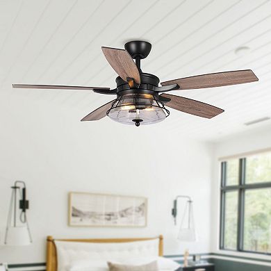52" Industrial Seeded Glass Black Decorative Ceiling Fan with Remote and Light Kit