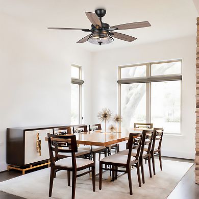 52" Industrial Seeded Glass Black Decorative Ceiling Fan with Remote and Light Kit