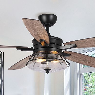 52" Industrial Seeded Glass Black Decorative Ceiling Fan with Remote and Light Kit