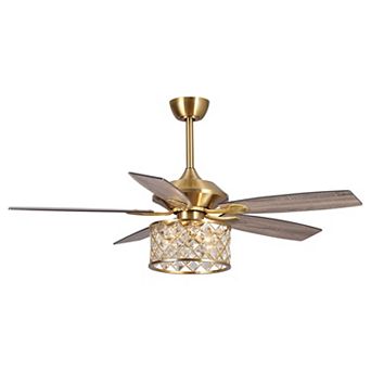 52" Modern Wood 5-Blade Gold Crystal Ceiling Fan Fandelier with Remote