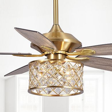 52" Modern Wood 5-Blade Gold Crystal Ceiling Fan Fandelier with Remote