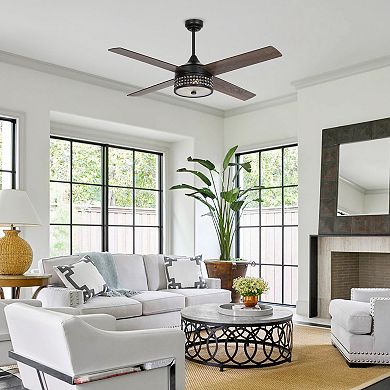 52" Wood 4-Blade Matte Black Crystal Ceiling Fan with Remote