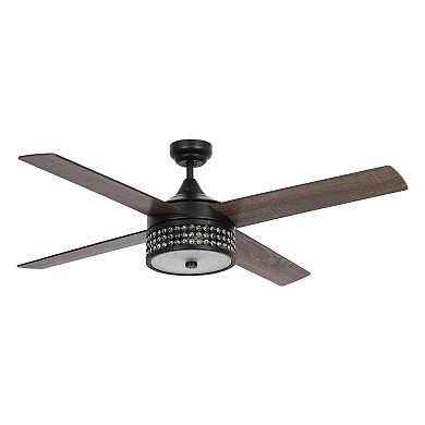 52" Wood 4-Blade Matte Black Crystal Ceiling Fan with Remote