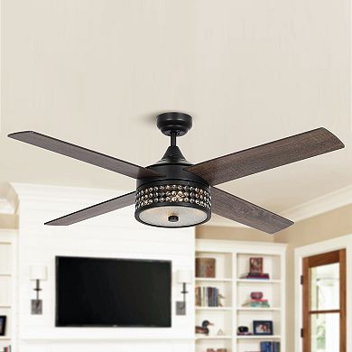 52" Wood 4-Blade Matte Black Crystal Ceiling Fan with Remote