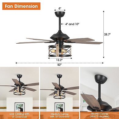52-inch Walnut Wood 5-Blade Industrial Indoor Ceiling Fan with Remote