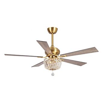 Parrot Uncle 52" Modern Gold Wood 5-Blade Crystal Ceiling Fan with Remote and Light Kit