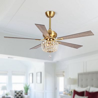 Parrot Uncle 52" Modern Gold Wood 5-Blade Crystal Ceiling Fan with Remote and Light Kit